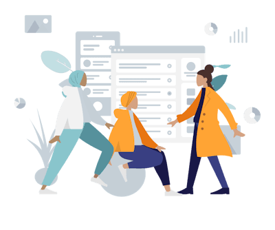 Team collaborating around a data dashboard